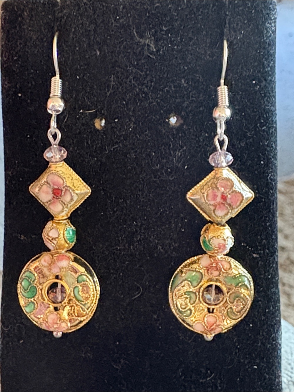 Hand Crafted Gold Cloisonné Pink & Green Floral Drop Earrings